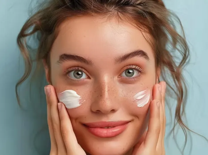 Modelo usando hidratante facial Modelo usando hidratante facial